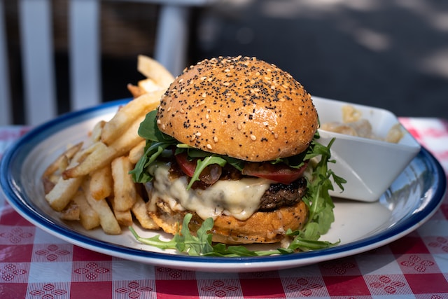 Burger with fries served on a ceramic plate