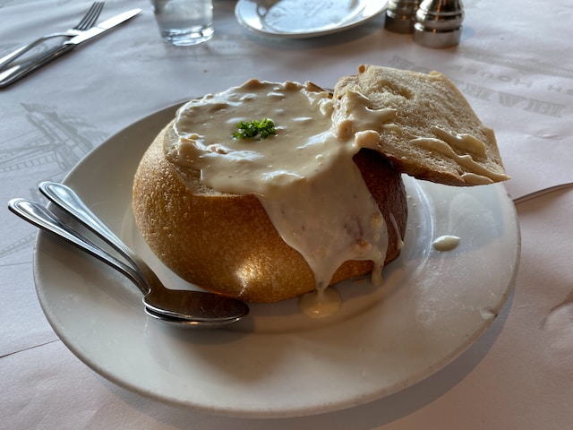 Clam chowder served on a bread bowl 