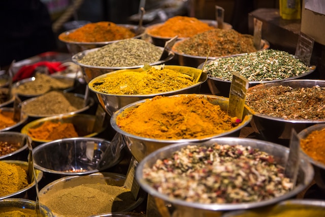 Assorted spices at a market stall