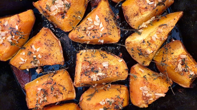 Roasted pumpkin with  dried thyme and an assortment of spices
