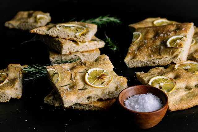 Focacia bread with dried lemons and rosemary