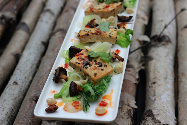 Tofu dish served on a long, rectangular serving plate